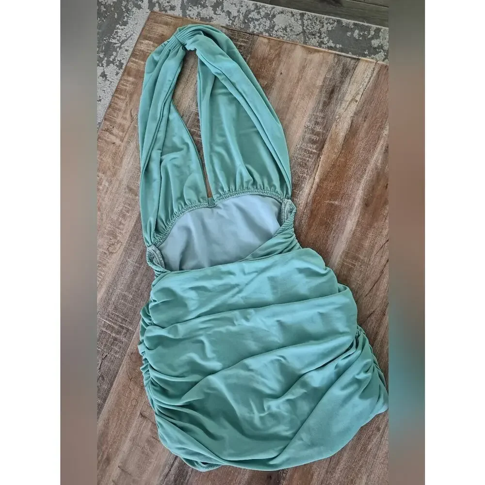 Norma Kamali Green Ruched Halterneck One-Piece Swimsuit Size S Slimming